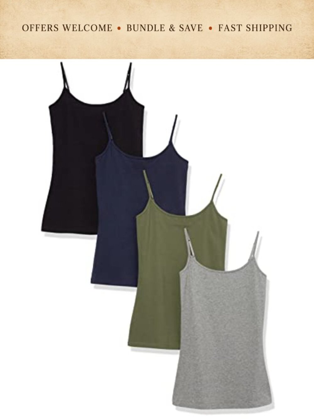 Slim Fit Cotton Stretch Scoop Neck Camisole 4-Pack Adjustable Straps